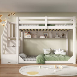 Btm Bunk Bed 90 Plus 90 X 190 Cm With Storage Stairs 3 Shelves Safety Rail Solid Wood Kids Bed White No Mattress - thumbnail 6