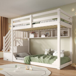 Btm Bunk Bed 90 Plus 90 X 190 Cm With Storage Stairs 3 Shelves Safety Rail Solid Wood Kids Bed White No Mattress - thumbnail 7