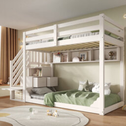 Btm Bunk Bed 90 Plus 90 X 190 Cm With Storage Stairs 3 Shelves Safety Rail Solid Wood Kids Bed White No Mattress - thumbnail 1
