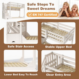 Btm Bunk Bed 90 Plus 90 X 190 Cm With Storage Stairs 3 Shelves Safety Rail Solid Wood Kids Bed White No Mattress - thumbnail 4
