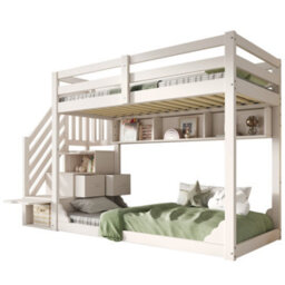 Btm Bunk Bed 90 Plus 90 X 190 Cm With Storage Stairs 3 Shelves Safety Rail Solid Wood Kids Bed White No Mattress - thumbnail 5