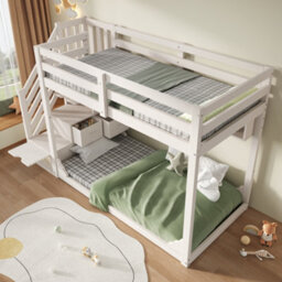 Btm Bunk Bed 90 Plus 90 X 190 Cm With Storage Stairs 3 Shelves Safety Rail Solid Wood Kids Bed White No Mattress - thumbnail 8