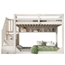 Btm Bunk Bed 90 Plus 90 X 190 Cm With Storage Stairs 3 Shelves Safety Rail Solid Wood Kids Bed White No Mattress - thumbnail 9
