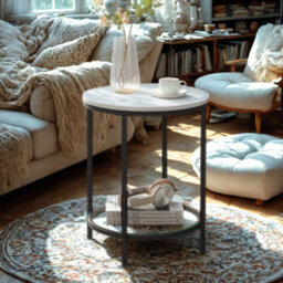 FURNOLD 2 Tier Round Faux Marble Accent Coffee Side Table - thumbnail 5