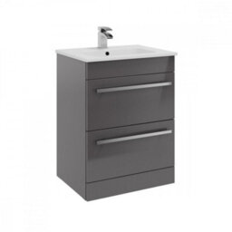 Clifton Bathroom 2-Drawer Wall Hung Vanity Unit With Ceramic Basin 600mm Wide - Storm Grey Gloss  - Brassware Not Included - thumbnail 1
