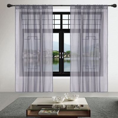 "Neel Blue Voile Curtains Slot Top, 2 Curtains, Grey - 56"" Width X 72"" Drop" - image 1