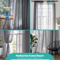 "Neel Blue Voile Curtains Slot Top, 2 Curtains, Grey - 56"" Width X 72"" Drop" - thumbnail 8