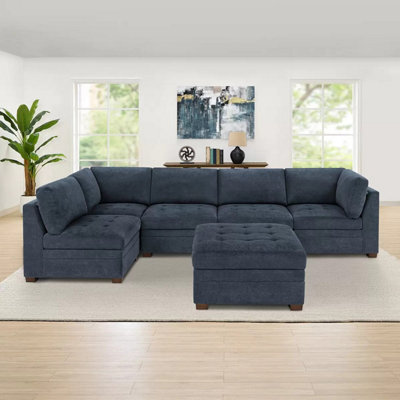 Xample Thomasville Tisdale Blue 6 Piece Modular Fabric Sofa With Storage Ottoman, Pocket Coil Seat Cushions & Solid Wood Legs - image 1