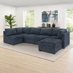 Xample Thomasville Tisdale Blue 6 Piece Modular Fabric Sofa With Storage Ottoman, Pocket Coil Seat Cushions & Solid Wood Legs - thumbnail 4