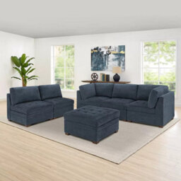 Xample Thomasville Tisdale Blue 6 Piece Modular Fabric Sofa With Storage Ottoman, Pocket Coil Seat Cushions & Solid Wood Legs - thumbnail 5
