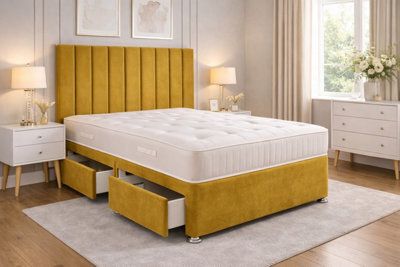 Comfy Deluxe 9 Panel Mustard Suede 6Ft Super King Size Bed Set With Orthopaedic Mattress And Headboard 4 Drawers