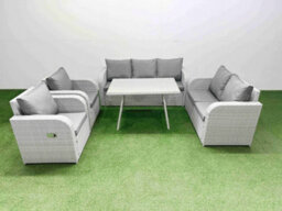 Fimous Pe Rattan Garden Furniture Set Outdoor Rectangular Dining Table Sofa Set Light Grey - thumbnail 2