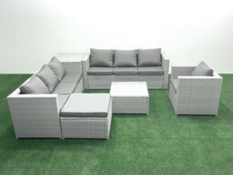 Fimous Wicker Pe Rattan Sofa Garden Furniture Set Armchair Square Coffee Table Big Stool Side Table Light Grey - thumbnail 1