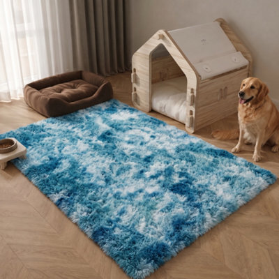 Oxford Homeware Shaggy Rug Anti-Slip Washable Soft Fluffy Living Room And Bedroom Rug (Mottled Teal, 60X110Cm) - image 1