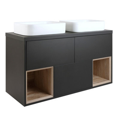 Homestylestore Black Grey 1200mm Led Lit Wall Hung Bathroom Vanity Unit Rectangular Chalk Countertop Basins Open Shelves - image 1
