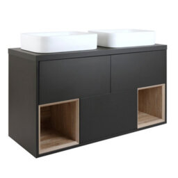 Homestylestore Black Grey 1200mm Led Lit Wall Hung Bathroom Vanity Unit Rectangular Chalk Countertop Basins Open Shelves - thumbnail 1