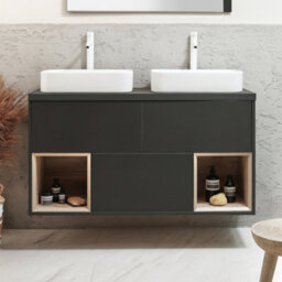 Homestylestore Black Grey 1200mm Led Lit Wall Hung Bathroom Vanity Unit Rectangular Chalk Countertop Basins Open Shelves - thumbnail 2