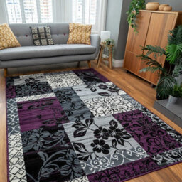 Loomed Purple Black Grey Floral Patchwork Living Room Rug 120X170Cm - thumbnail 2