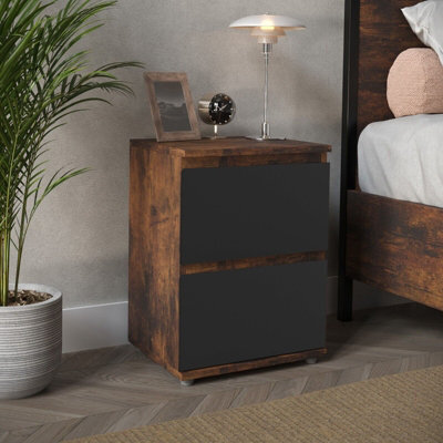 Urbn-Living Urbnliving 2 Drawer Rustic Brown Carcass With Black Drawers Wooden Bedroom Bedside Cabinet No Handle Nightstand Side Table - image 1