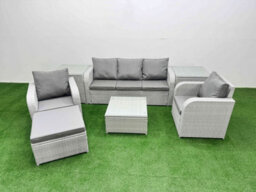 Fimous Pe Rattan Garden Furniture Set Reclining Chair Sofa Lounge Sofa Set Square Coffee Table 2 Side Table Footstool Light Grey - thumbnail 2