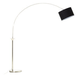 Orsina Nickel Finish Floor Lamp, Arched Metal Frame With Black Shade, Modern Tall Standing Lamp For Living Room