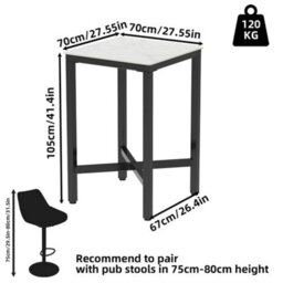 Tall Square Bar Table Small Kitchen Pub Dining Table Steel Frame For 2-4 Chairs - thumbnail 2