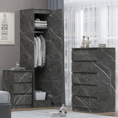 Zita Grey Marble Effect 3 Piece Bedroom Set - 1-Door Wardrobe, Chest & Bedside Table, Stylish Modern Storage Furniture - image 1