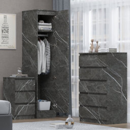 Zita Grey Marble Effect 3 Piece Bedroom Set - 1-Door Wardrobe, Chest & Bedside Table, Stylish Modern Storage Furniture