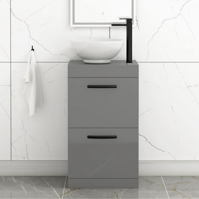 Royal Bathrooms 500mm Floor Standing Vanity Unit 2 Drawer Indigo Grey Gloss & Countertop Basin - Breeze With Matt Black Handle - image 1