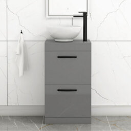 Royal Bathrooms 500mm Floor Standing Vanity Unit 2 Drawer Indigo Grey Gloss & Countertop Basin - Breeze With Matt Black Handle - thumbnail 1