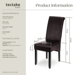 Tectake Set Of 2 Dining Chair - Ergonomic Seat Shape, High Backrest, Padded, Faux Leather  - Brown - thumbnail 6