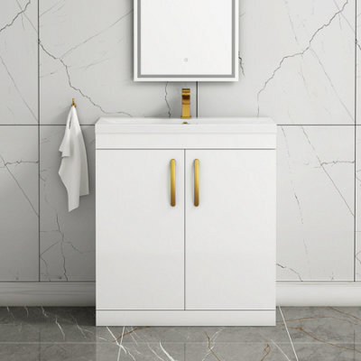Royal Bathrooms Turin Gloss White 800mm Floor Standing Vanity Unit 2 Door With Mid-Edge Basin Sink & Brushed Brass Handles - image 1