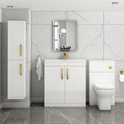Royal Bathrooms Turin Gloss White 800mm Floor Standing Vanity Unit 2 Door With Mid-Edge Basin Sink & Brushed Brass Handles - thumbnail 4
