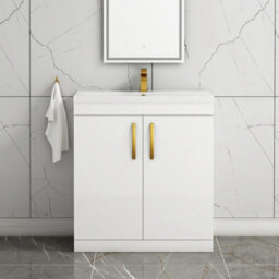 Royal Bathrooms Turin Gloss White 800mm Floor Standing Vanity Unit 2 Door With Mid-Edge Basin Sink & Brushed Brass Handles - thumbnail 1