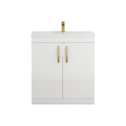 Royal Bathrooms Turin Gloss White 800mm Floor Standing Vanity Unit 2 Door With Mid-Edge Basin Sink & Brushed Brass Handles - thumbnail 6