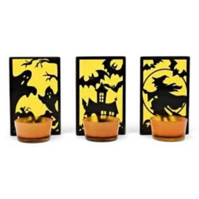 Widdop Gifts Halloween Set Of 3 Glass Tea Light Holders - Orange And Yellow Ghosts, Haunted Houses, Bats And Witches Design