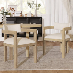 Matteo Set Of 2 Solid Wood Dining Chairs With Natural Finish & Beige Linen Upholstery, Ergonomic For Home & Commercial Use