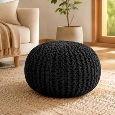 Bravich Black Chunky Knitted Pouffe Footstool - 50Cm Round - image 1