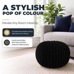 Bravich Black Chunky Knitted Pouffe Footstool - 50Cm Round - thumbnail 5