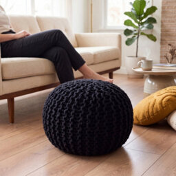 Bravich Black Chunky Knitted Pouffe Footstool - 50Cm Round - thumbnail 3