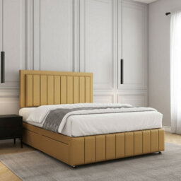 REGIONAL FURNISHINGS Mustard Plush Velvet Divan Bed Set Upholstered 24Inch Headboard & Footboard 2Drawersfootend & Mattress In 4Ft 4Ft6 5Ft 6Ft Sizes - thumbnail 3