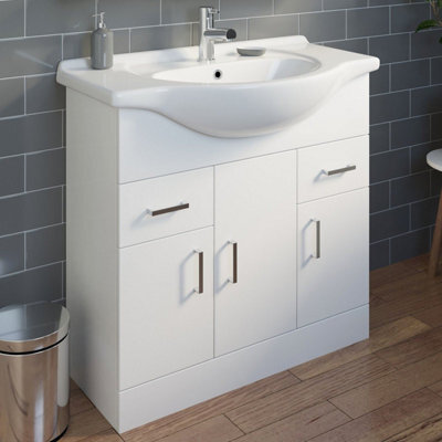 Affine 850mm Bathroom Vanity Unit & Basin Sink Tap + Waste Gloss White Floorstanding - image 1
