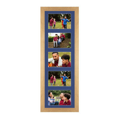 AK Frames 26X8 Oak Sleek Multi Photo Frame With Blue Mount - Holds 5 Apertures (5X) 6X4 Photos - image 1