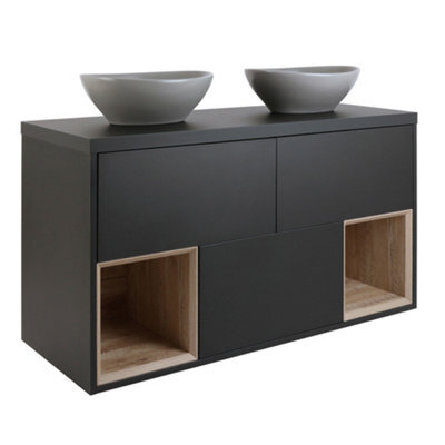 Homestylestore Black Grey 1200mm Led Lit Wall Hung Bathroom Vanity Unit Oval Pebble Countertop Basins Open Shelves - image 1