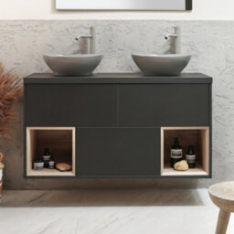 Homestylestore Black Grey 1200mm Led Lit Wall Hung Bathroom Vanity Unit Oval Pebble Countertop Basins Open Shelves - thumbnail 2