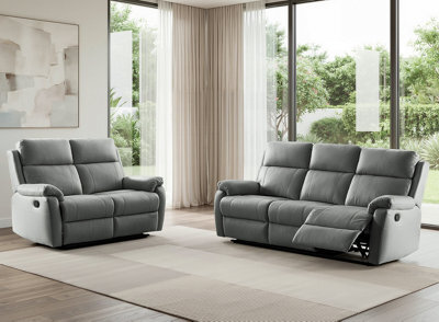 SC FURNITURE LIMITED Dark Grey Genuine Leather Reclining 3 Seater + 2 Seater Recliner Sofas - Aberino - image 1