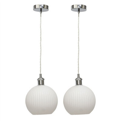 First Choice Lighting Set Of 2 Betchley - White Ribbed Glass Globe Chrome Retro Pendants - image 1