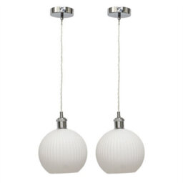 First Choice Lighting Set Of 2 Betchley - White Ribbed Glass Globe Chrome Retro Pendants - thumbnail 1
