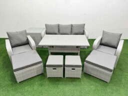 Fimous 9 Seater Outdoor Garden Furniture Set With Dining Table 3 Seater Sofa 2 Big Footstools Side Table Light Grey - thumbnail 1