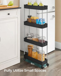 Songmics Mobile Storage Trolley, 4 Level Rolling Kitchen Cart With Wheels, Tall Bathroom Organizer, Office Storage, Ink Black - thumbnail 3